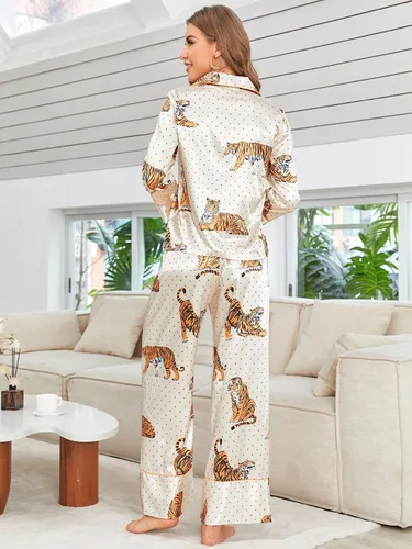 Miniatura 2 de WDIRARA Conjunto de pijama de manga corta y pantalones de satén a rayas para mujer