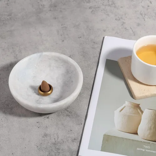 Miniatura 6 de Koville Soporte de incienso de mármol natural, soporte para varillas de incienso con 9 agujeros, quemador de incienso hecho a mano con recogedor
