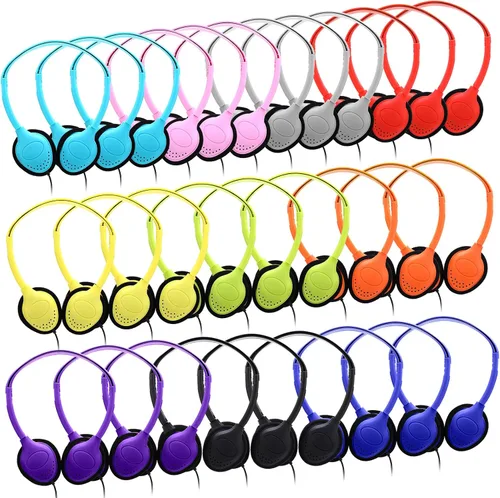 Miniatura 10 de Yunsailing Paquete de 10 auriculares con cable sobre la oreja a granel para estudiantes de aula escolar, diadema ajustable con conector de 0.138 in
