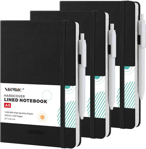 Paquete de 3 cuadernos rayados con bolígrafo, cuadernos A5 (5.7 x 8.4 pulgadas) de tapa dura de cuero para mujeres y hombres, trabajo, 160 páginas