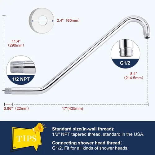 Miniatura 5 de Brazo de extensión de cabezal de ducha con brida, 17 pulgadas, tubo elevador de cabezal de ducha en forma de S de acero inoxidable Uvish de 17 Cromo