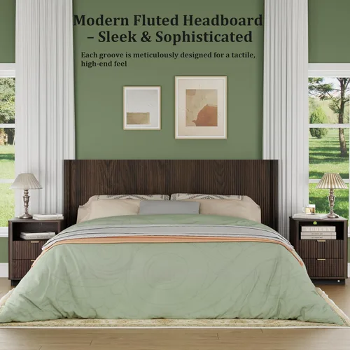 Miniatura 3 de Cabecera tamaño King solamente, moderno tablero acanalado montado en la pared con iluminación, cabecera de cama de madera bohemia elegante