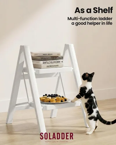 Miniatura 8 de SOLADDER Taburete de 2 peldaños con pedal antideslizante y ancho, escalera plegable de hierro portátil para el hogar y la cocina, 300 libras