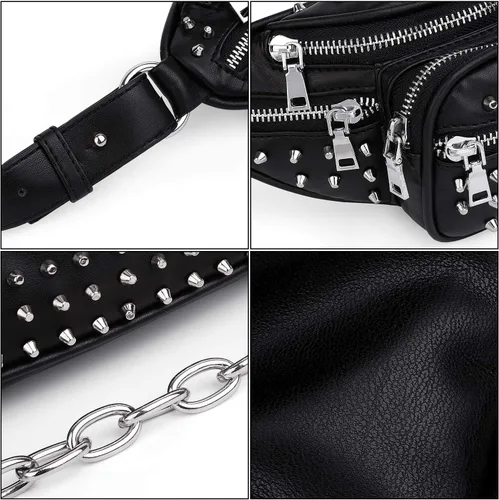 Miniatura 4 de UTO Fanny-Pack-for-Women's - Riñonera vegana de cuero con remaches tachuelas, ligera, con cremallera, bolsillo al hombro, 0879 Negro