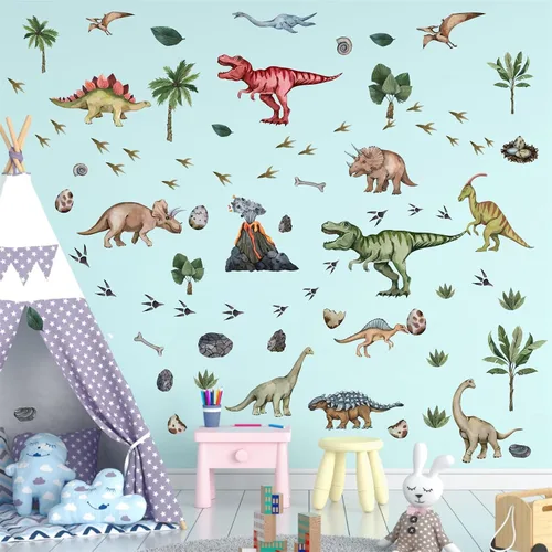 Miniatura 4 de Calcomanías de pared grandes de dinosaurio para despegar y pegar, calcomanías de pared de huellas de dinosaurio, hojas tropicales, palmeras