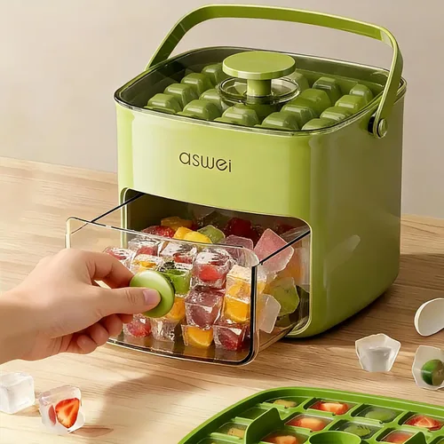 Miniatura 3 de Bandeja compacta para cubitos de hielo con tapa y contenedor, mini máquina de cubitos de hielo tipo prensa para congelador, cubo de hielo pequeño