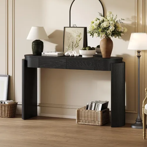 Miniatura 12 de 50" Modern Art Sculptural Console Table, Oval Cutout Legs, Wood Veneer, Thick Rounded Tabletop, Contemporary Entryway Sofa Table for Living Room