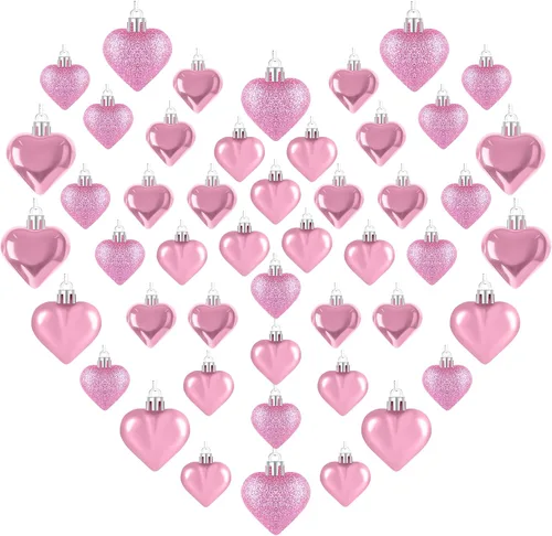 48 adornos para el día de San Valentín, decoraciones en forma de corazón rosa, 2 tamaños de bolas colgantes, adornos brillantes para boda,