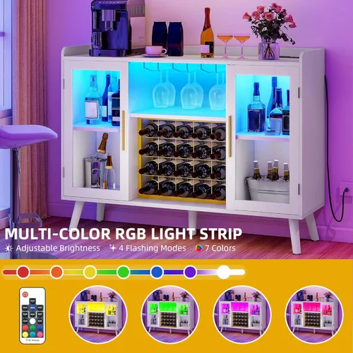 Miniatura 6 de DWVO Armario de bar de vinos con luces LED y tomas de corriente, gabinete de barra de café de 53 pulgadas para licor y vasos, aparador moderno