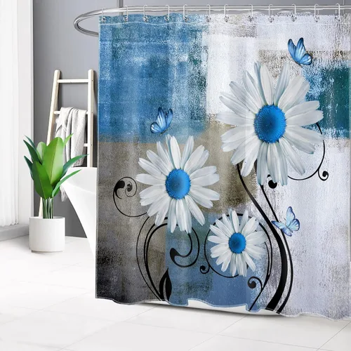 Miniatura 20 de Cortina de ducha floral con margaritas azules, flores blancas y mariposas en tela moderna abstracta geométrica gris para baño, 10 ganchos, 48 x 72