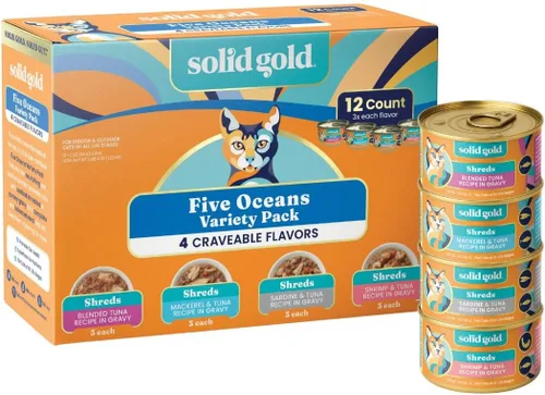 Miniatura 27 de Solid Gold comida húmeda para gatos desmenuzada con salsa - Alimento enlatado para gatos hecho con atún real y caballa - Sin granos de los Cinco