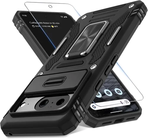 Miniatura 31 de DEERLAMN Funda para Google Pixel 8 con cubierta deslizante para cámara + protector de pantalla (1 paquete), soporte de anillo giratorio grado