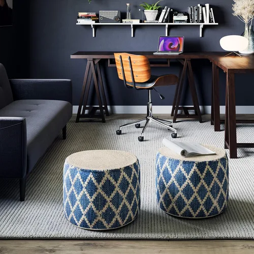 Miniatura 2 de SIMPLIHOME Edgeley Puf redondo – 18 pulgadas de ancho tejido a mano yute y algodón otomano en azul clásico y natural, reposapiés estilo bohemio