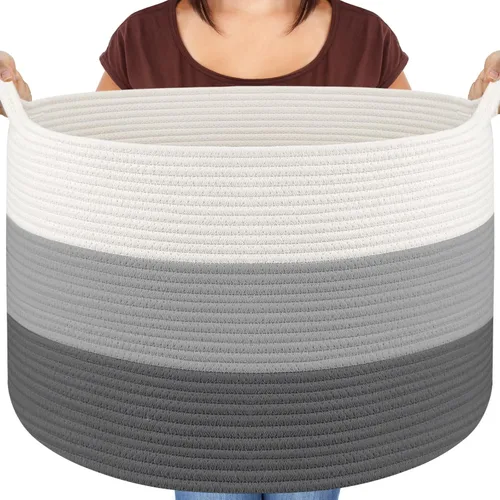 Miniatura 14 de Maliton Cesta grande tejida para manta, 22 x 22 x 14 pulgadas, cesta de almacenamiento para organizar, cesta redonda de cuerda de algodón