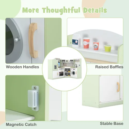 Miniatura 7 de Costzon Juego de cocina esquinera para niños, cocina de madera con sonidos y luces, lavadora, campana extractora, máquina de hielo, microondas, Verde