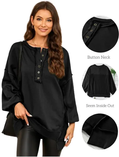 Miniatura 75 de AlvaQ - Sudadera de gran tamaño para mujer, informal, de manga larga, con botones y cuello Henley, tipo túnica