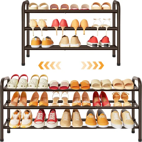 Miniatura 9 de Gewudraw Organizador de zapatos de 3 niveles, zapatero para armario, estante de metal de 28 pulgadas que se puede ampliar a 42 pulgadas