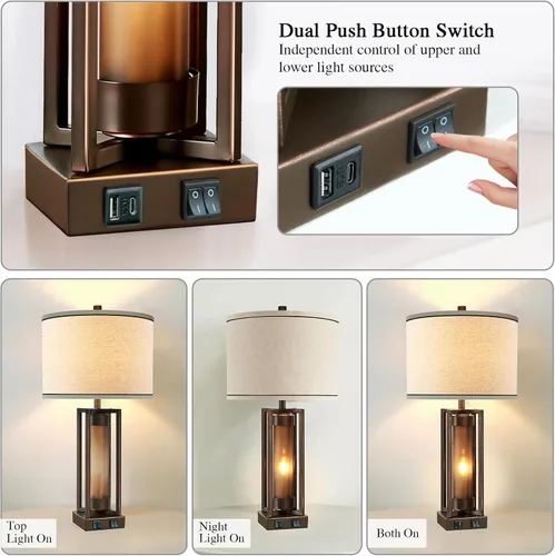 Miniatura 5 de Lámparas de mesa rústicas para sala de estar con puertos USB C+A, lámpara de mesita de noche vintage de granja con luz nocturna de acrílico ámbar