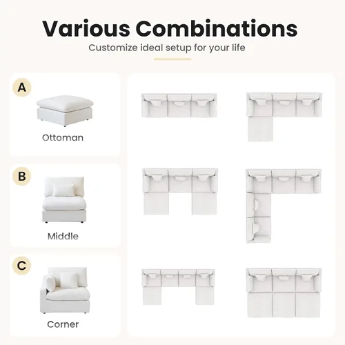 Miniatura 9 de WJShome Sofá modular modular para sala de estar, sofá en forma de U relleno de plumón de 160 pulgadas con otomana, modernos sofás convertibles de 6