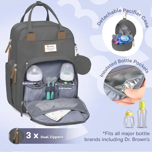 Miniatura 3 de RUVALINO Mochila para pañales, mochila de viaje multifunción, bolsa de maternidad para bebé, gran capacidad, impermeable y elegante, gris hierro