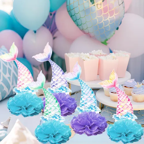 Miniatura 9 de Centros de mesa con temática de cola de sirena, centros de mesa de fiesta de cumpleaños de sirena, 12 piezas para decoración de mesa