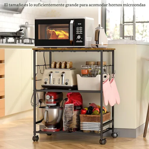 Miniatura 3 de ThreeHio Carrito de microondas de cocina rodante, soporte de mesa de microondas de 3 niveles con almacenamiento, carrito de cocina con ruedas