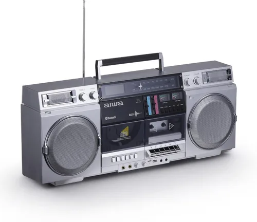 Miniatura 9 de Aiwa Retro Boombox Reproductor de CD con grabación en casete, Bluetooth 5.0, radio FM/AM, entradas USB/SD/AUX, medidores VU, pantalla LCD, altavoces