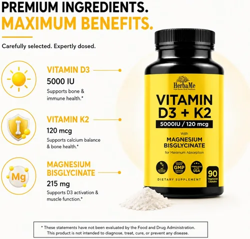 Miniatura 7 de HerbaMe Vitamina D3 5000 UI + K2 con bisglicinato de magnesio Fórmula completa de apoyo para la activación y absorción D3 Bienestar óseo