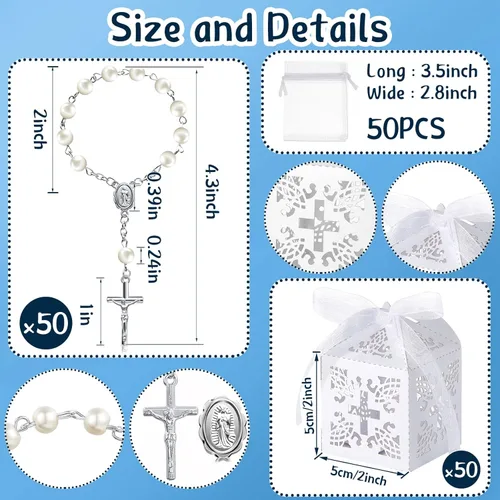 Miniatura 2 de 50 paquetes de recuerdos de bautizo con cuentas de rosario acrílicas, perlas falsas con bolsas de organza y cajas de recuerdos de bautizo con cruz