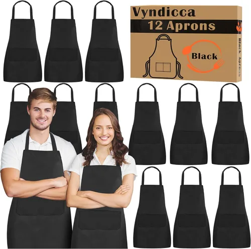 Paquete de 12 delantales con peto, delantales negros a granel, delantales unisex lisos con 2 bolsillos, delantal negro lavable a máquina para