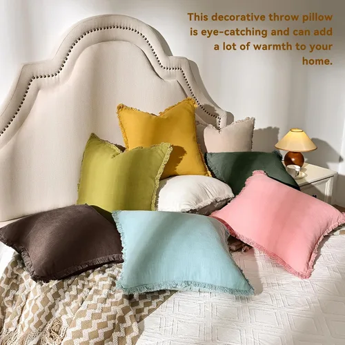 Miniatura 3 de AmHoo Paquete de 2 fundas de almohada de lino con borlas con flecos decorativas rústicas naturales para cojín de sofá, sofá, dormitorio 16 x 16 Beige