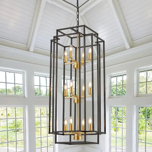 Miniatura 10 de lámpara colgante de farol de 8 luces en forma de escalones, lámpara de araña de granja de metal negro para colgar en vestíbulo de entrada, comedor