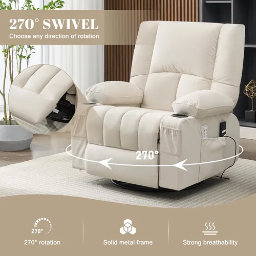 Miniatura 7 de Sillas Reclinables de Gran Tamaño para Adultos, Sillón Reclinable Giratorio Mecedora con Calor y Masaje Lazy Boy, Sillas Reclinables Asiento