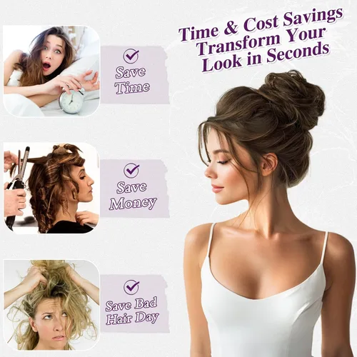 Miniatura 9 de Barsdar - Moño de cabello 100 % humano, Moño desordenado, Extensiones de cola de caballo, Moño de cabello rizado, Pieza de cabello para Castaño Medio