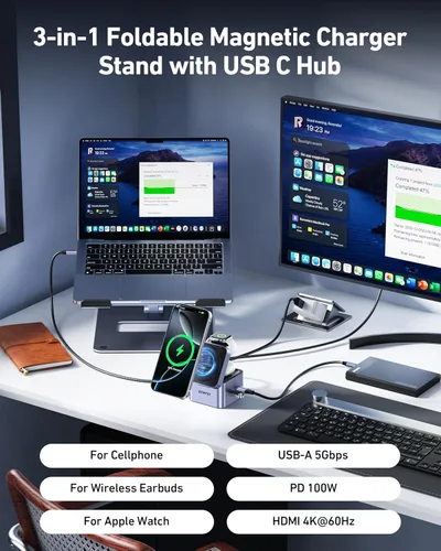 Miniatura 2 de BENFEI Soporte de cargador MagSafe plegable 3 en 1 con concentrador USB C, estación de carga inalámbrica para iPhone 16/15/14/13/12, Apple Watch