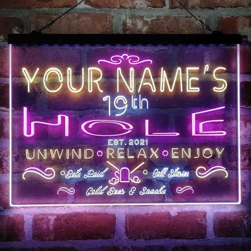Miniatura 18 de Personalized 19th Hole Golf Club Tri-Color LED Neon Light Sign Customize Name Date Text Quote Font Green & Red & Yellow 13 x 8.7 Inches
