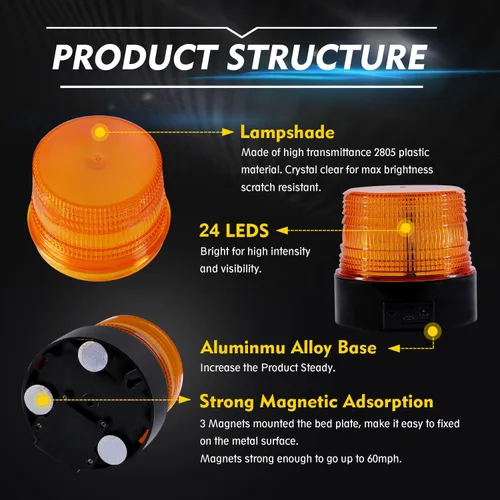 Miniatura 2 de AnTom Luz estroboscópica LED inalámbrica, batería de 12-24 V, luz de advertencia intermitente magnética de emergencia ámbar, para carretillas