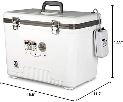 Miniatura 10 de Engel Caja enfriadora de cebo vivo con bomba aireadora de 2ª generación de 2 velocidades, estación de pesca portátil y cubo de pececillos para Blanco