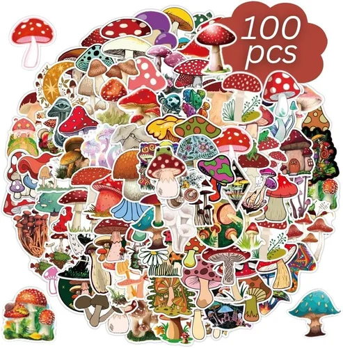 100 calcomanías de hongos lindos para botellas de agua, bonitas calcomanías, paquete de calcomanías de hongos, calcomanías para laptop, Chromebook,