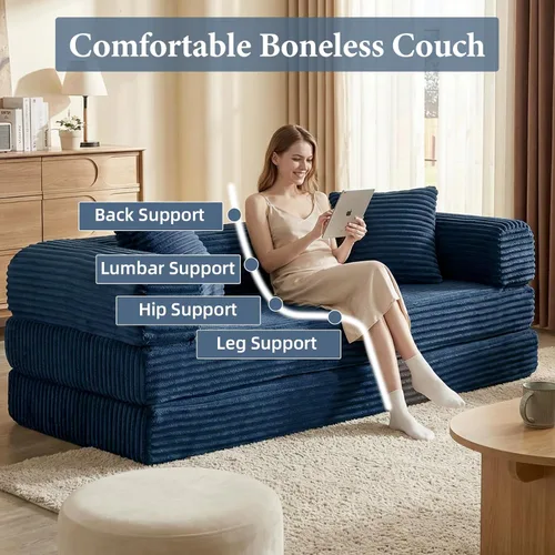 Miniatura 7 de 4-in-1 Convertible Folding Sleeper Sofa Bed, Fold Out Floor Sofa Couch with Fixed-Shape Frame, Cloud Corduroy Foldable Mattress Couch for Living