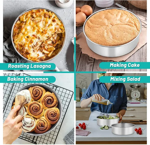 Miniatura 4 de TeamFar Moldes para tartas, 2 moldes redondos de acero inoxidable de 8 x 3 pulgadas de profundidad para bodas, fiestas de cumpleaños, no tóxicos