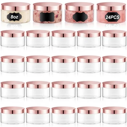 Miniatura 37 de Dandat 24 piezas 8 oz botes de plástico con tapa y etiqueta. Recipientes de muestra de cosméticos redondos ámbar PET recargables y vacíos para Ámbar