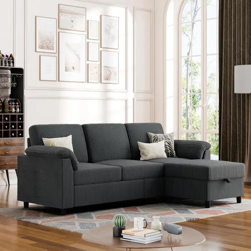 Vongrasig Sofá Seccional Convertible, Sofá en Forma de L de 3 Asientos con Almohadas Removibles Tela de Pana Suave Sofá Pequeño de Mediados de Siglo