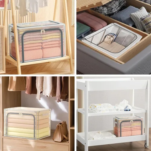 Miniatura 6 de Paquete de 3 contenedores de almacenamiento de ropa, bolsas de almacenamiento de ropa con asa duradera, organizadores plegables transparentes debajo