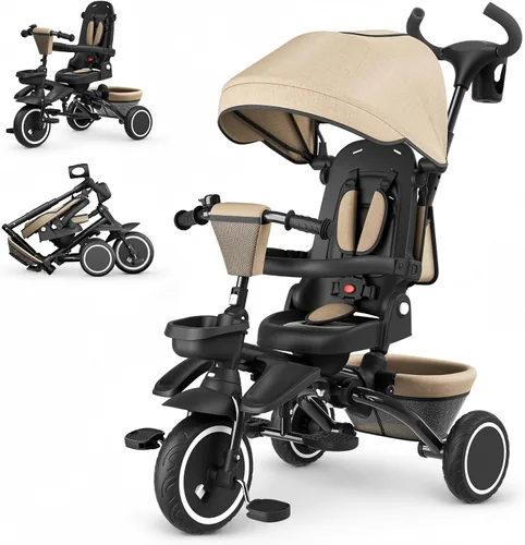 Miniatura 11 de Triciclo 8 en 1 para niños, cochecito de triciclo plegable con asiento reversible, varilla de empuje ajustable y toldo, bicicleta triciclo