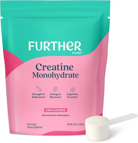 Further Food Monohidrato de creatina en polvo sin sabor, 100% puro, micronizado, sin azúcar, apoya la fuerza, la energía y la recuperación muscular,