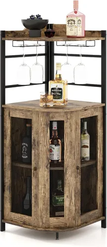 LOKO Armario esquinero para bar de vinos, gabinete industrial para vinos con puertas de malla metálica y estante ajustable, gabinete de licor con
