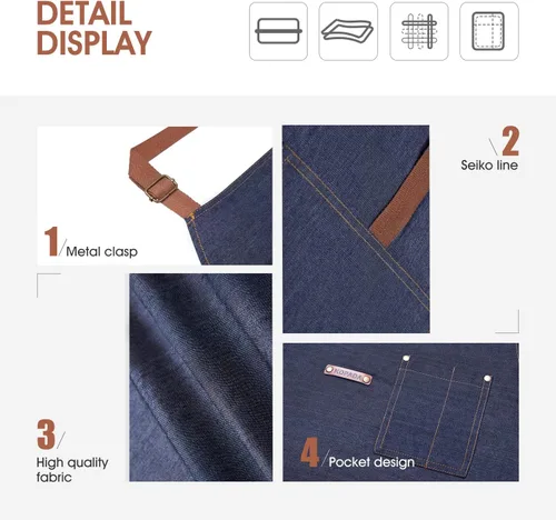 Miniatura 3 de KPD Delantal de mezclilla con bolsillos, ajustable azul para cocina, barbacoa y jardín, delantal de trabajo para hombres y mujeres