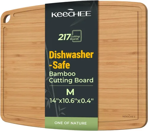 Keechee Tabla de cortar de bambú apta para lavavajillas, tabla de cortar de madera ligera y duradera, reversible con ranura para jugos, fácil de
