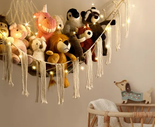 Miniatura 3 de RelaxScene Hamaca esquinera de animales de peluche con luz LED, hamaca de almacenamiento de juguetes, red de peluche grande, organizador colgante